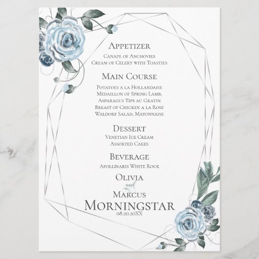 Menu Weddenschap | Waterverf Dusty Blue Floral (Voorkant)