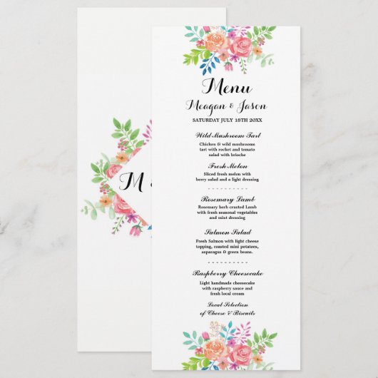 Menu Weddenschappen Reception Elegant Flowers Kaar Kaart (Voorkant / Achterkant)