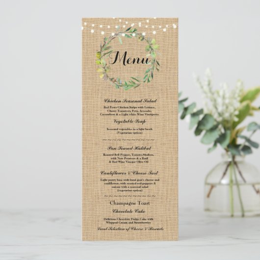 Menu Weddenschappen Reception Rustic Burlap Floral (Staand voorkant)