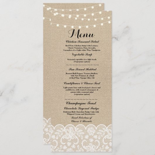 Menu Weddenschappen Reception Rustic Burlap Lace W (Voorkant / Achterkant)