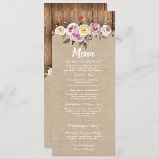 Menu Weddenschappen Reception Rustic Burlap Wood F (Voorkant / Achterkant)
