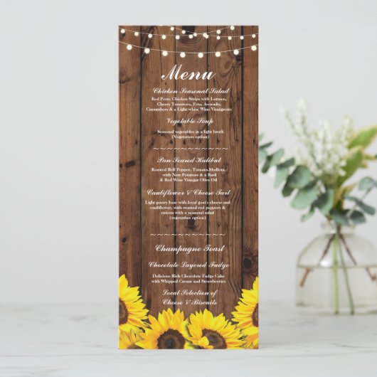 Menu Weddenschappen Reception Rustic Wood Sunflowe Kaart (Staand voorkant)