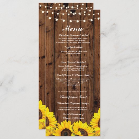 Menu Weddenschappen Reception Rustic Wood Sunflowe Kaart (Voorkant / Achterkant)