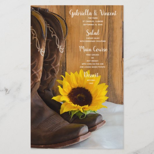 Menu Westerne bruiloft land Sunflower (Voorkant)