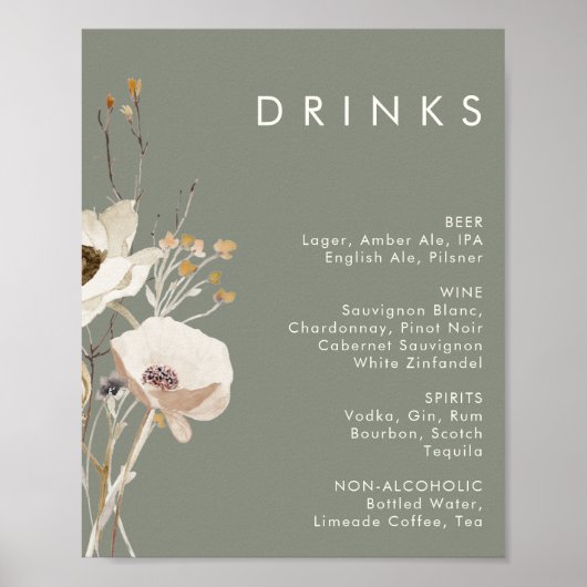Menu Whimsical Wildflower Sage Wedding Drinken Poster (Voorkant)