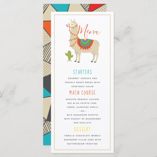 Menu Whimsy Animal Llama Birthday Party (Voorkant / Achterkant)