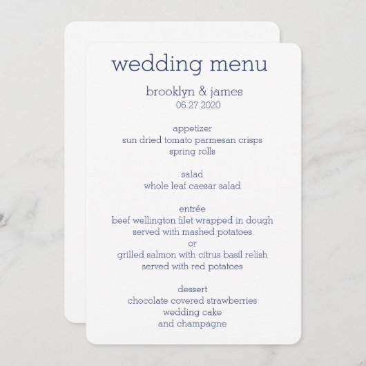 Menu White and Blue Modern Wedding (Voorkant / Achterkant)