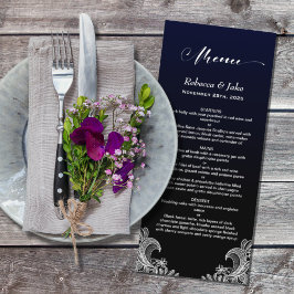 Menu White Lace Black and Blue Wedding