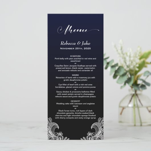 Menu White Lace Black and Blue Wedding (Staand voorkant)