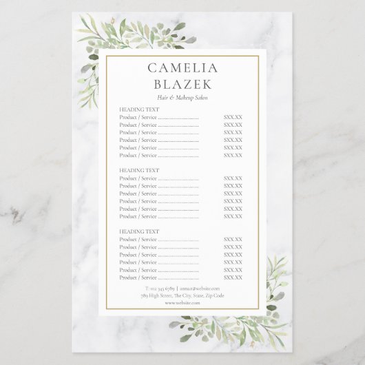 Menu White Marble Greenery Salon Service (Voorkant)