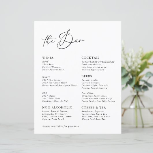 Menu White Modern Calligraphy Wedding Bar (Staand voorkant)