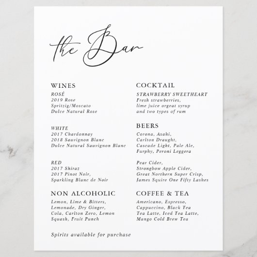 Menu White Modern Calligraphy Wedding Bar (Voorkant)