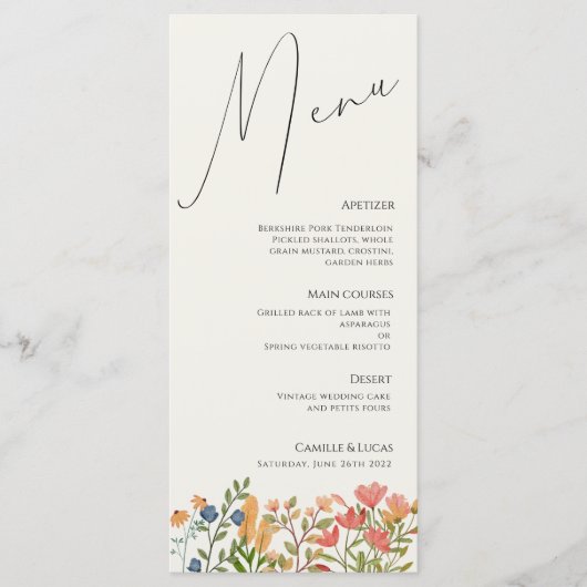 Menu Wildflower Script Modern Wedding (Voorkant)