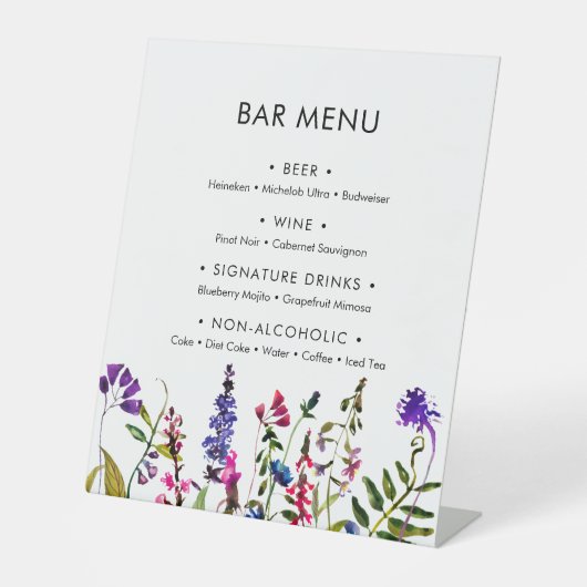 Menu Wildflower Wedding Bar Reclamebord Met Voetstuk (Voorkant)