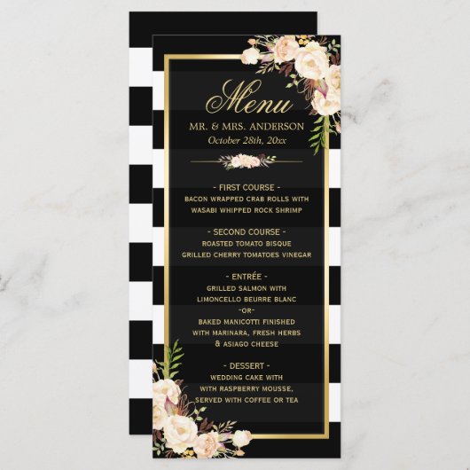 Menu Winter Weddenschap White Ivory Floral Striped (Voorkant / Achterkant)