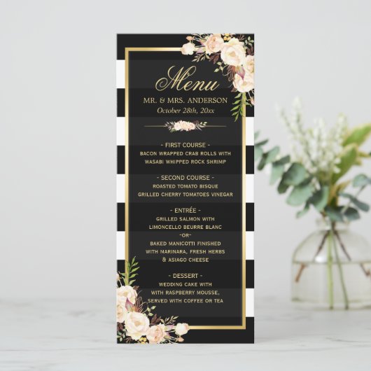 Menu Winter Weddenschap White Ivory Floral Striped (Staand voorkant)