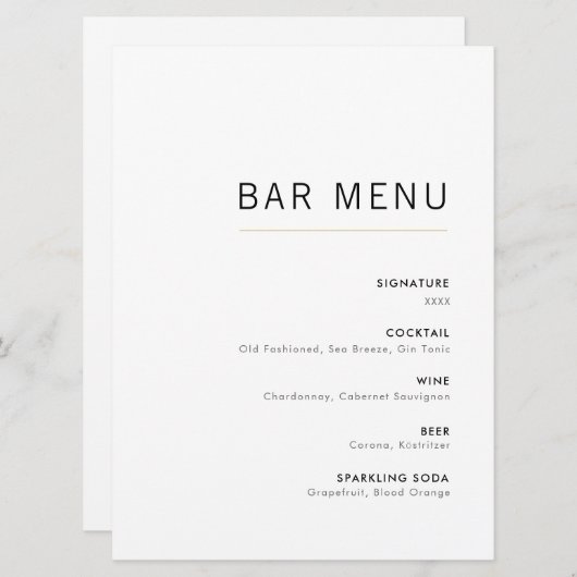 Menu Wit-& Gold Modern Minimalistische Weddenbalk (Voorkant / Achterkant)