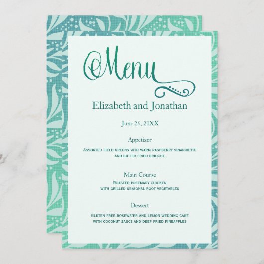 Menu zee Grass Beach Weddenschappen Reception Kaart (Voorkant / Achterkant)