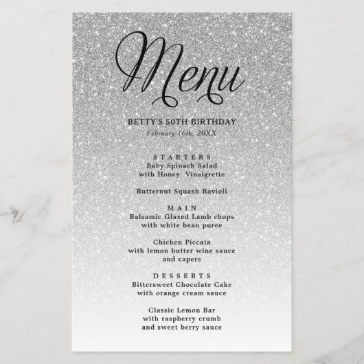 Menu Zilver Glitter-scriptkop (Voorkant)