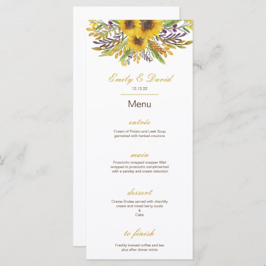 Menu Zonnebloem, Weddenschap, Baby shower (Voorkant / Achterkant)