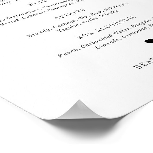 Menu Zwart Beatrice Script Elegant Wedding Bar Poster (Hoek)