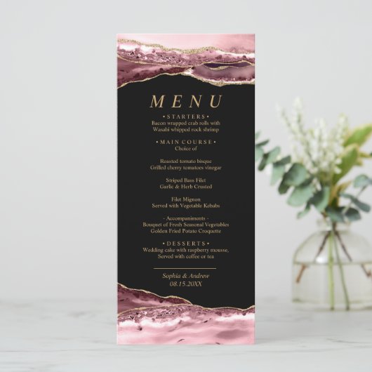 Menu Zwart en Roos Gold Calligraphy Weddenschap (Staand voorkant)