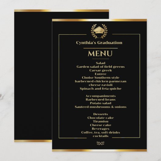Menu Zwart-gouden Afstuderen Kaart (Voorkant / Achterkant)
