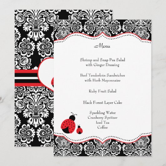 Menu Zwart rood lampje Damask Baby shower (Voorkant / Achterkant)