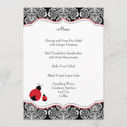 Menu Zwart rood lampje Damask Baby shower (Voorkant)