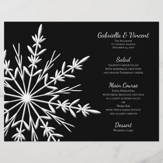 Menu Zwart-wit Snowflake Winter Weddenschap (Voorkant)