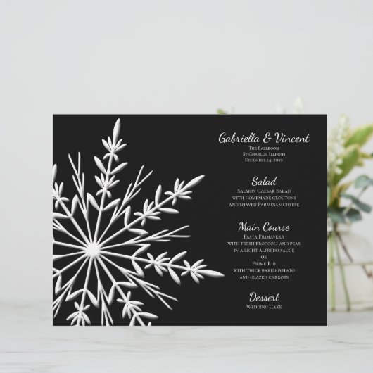 Menu Zwart-wit Snowflake Winter Weddenschap (Staand voorkant)