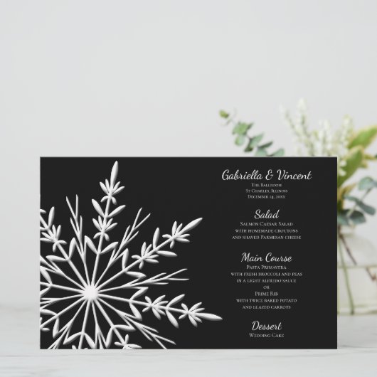Menu Zwart-wit Snowflake Winter Weddenschap (Staand voorkant)