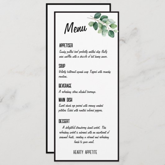 Menukaart elegant, stijlvol eucalyptusgroen (Voorkant / Achterkant)