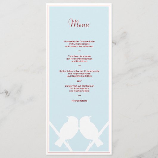Menükarte für Ihr Hochzeitsmenü (türkis rot weiss) Menu (Voorkant)