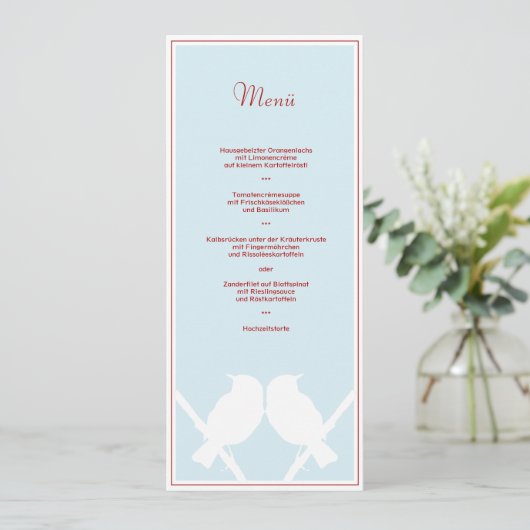 Menükarte für Ihr Hochzeitsmenü (türkis rot weiss) Menu (Staand voorkant)