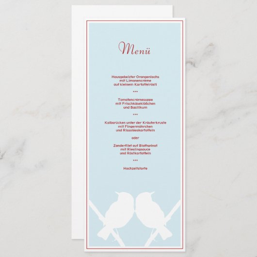 Menükarte für Ihr Hochzeitsmenü (türkis rot weiss) Menu (Voorkant / Achterkant)