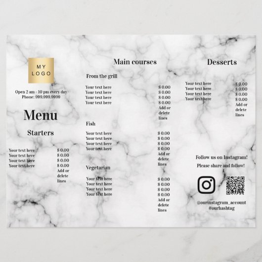 Menuprijstlijst restaurant bar cafe marmer flyer (Voorkant)