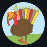 Menurkey-Stickers Ronde Sticker<br><div class="desc">Deze stickers zijn voorzien van een charmante, charismatische Menurkey (combinatie Menorah en Turkije), ter ere van de Chanukah-Thanksgiving crossover vakantie dit jaar.</div>