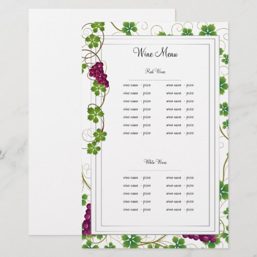 Menu's van de lijst van wijnbouwproducten (Voorkant / Achterkant)