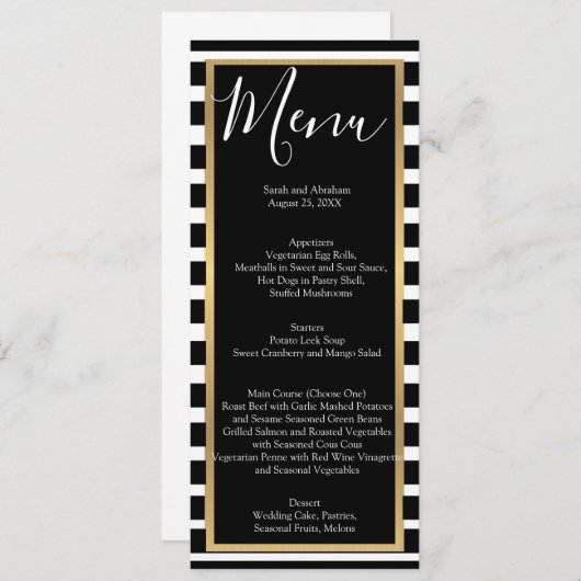 Menu's van het zwarte en Witte Striped Wedding Men (Voorkant / Achterkant)