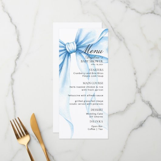 Menu's voor een moderne baby shower. (Voorkant / Achterkant in situ)