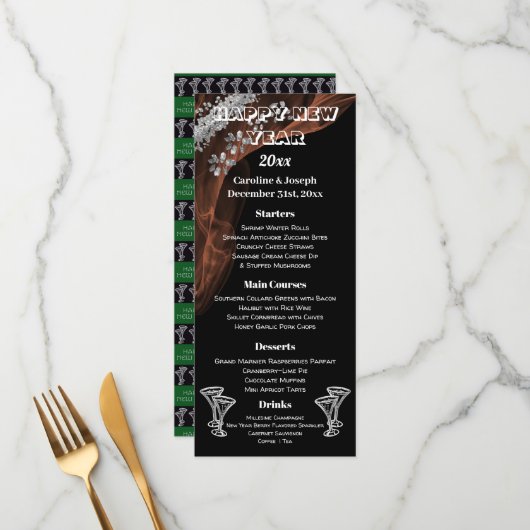 Menu's voor zwart en zilver, nieuw jaar en champag (Voorkant / Achterkant in situ)
