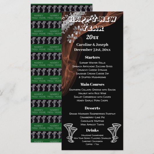 Menu's voor zwart en zilver, nieuw jaar en champag (Voorkant / Achterkant)