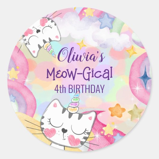Meogisch caticorn verjaardagssticker ronde sticker (Voorkant)