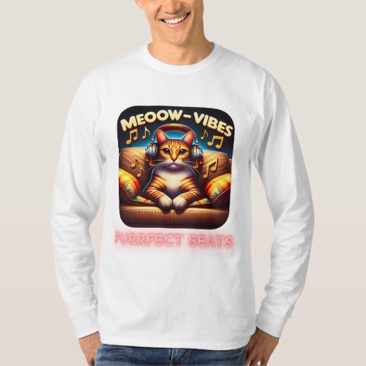 Meoow Vibes Cat met hoofdtelefoon en Muzieknoten T-shirt (Voorkant)