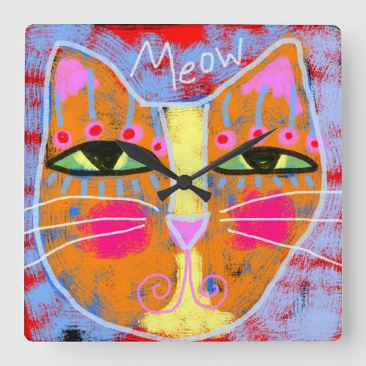 Meow Abstracte Cat Art Vierkante Klok (Voorkant)