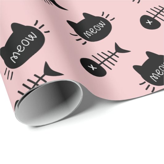 Meow Black Cat Face Fishbone Pattern roze Cadeaupapier (Rol Hoek)