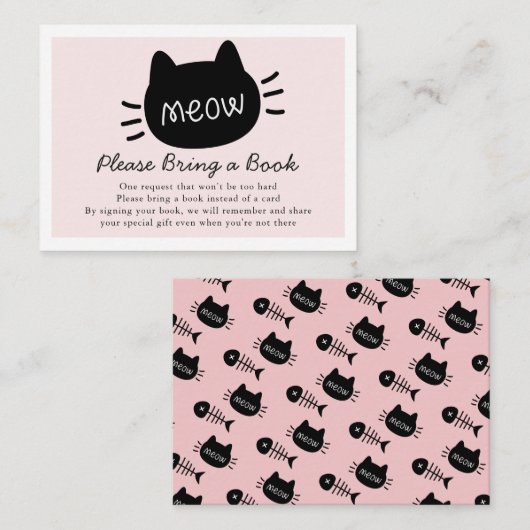 Meow Black Cat Face Pink Baby shower Book Request Informatiekaartje (Voorkant / Achterkant)