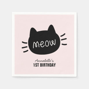 Meow Black Cat Face Pink Girl Birthday Servet