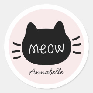 Meow Black Cat Face Pink-naam Ronde Sticker